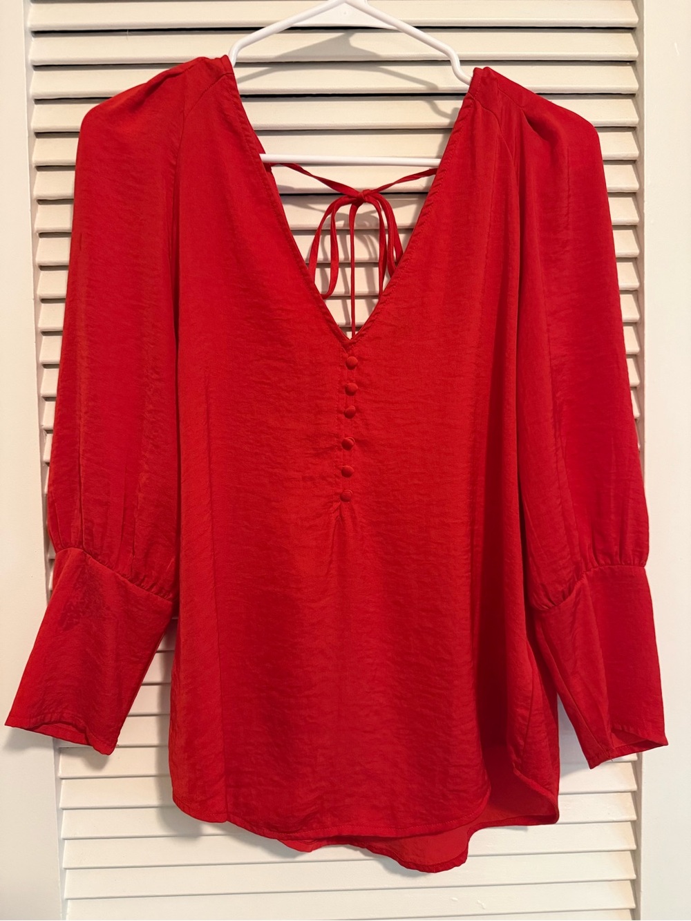 Express Red V-Neck Button-Front Tie Back Blouse